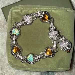 Judith Ripka Sterling Silver Bracelet Tiger Eye and Turquoise Hearts